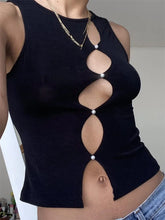 Hollow Out Cropped Summer  Sleeveless Irregular Buttons Up Black Solid Mini Vest Club Streetwear Crop Tops